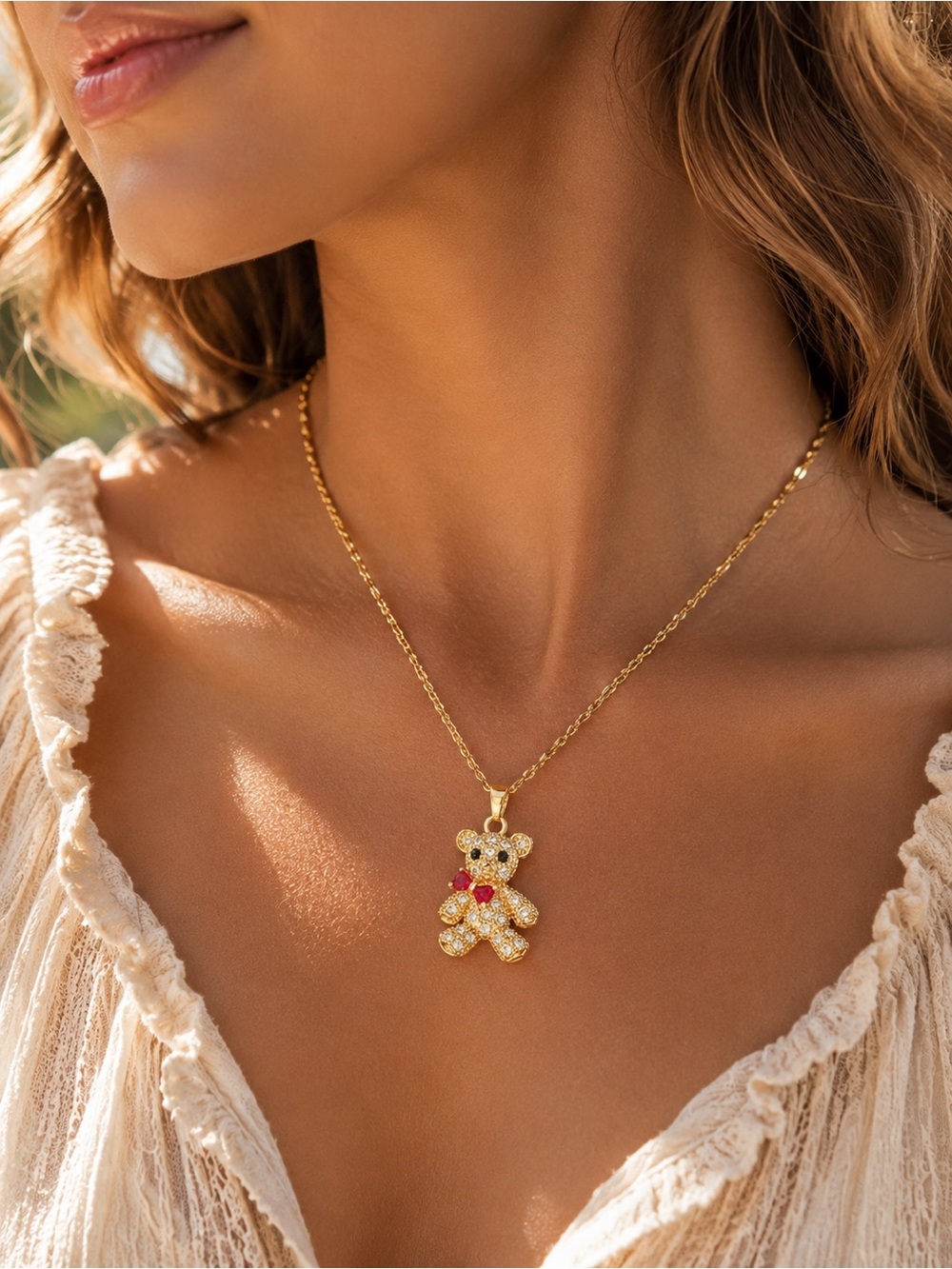 18K Gold Plated Teddy Bear Necklace Red Bow Zircon Stainless Steel